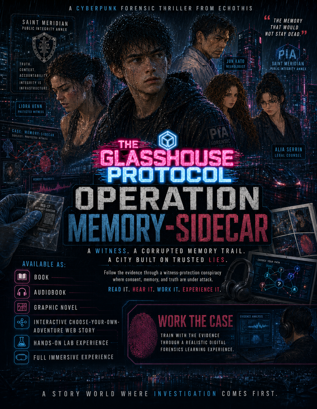 Operation Memory-Sidecar cyberpunk promotional poster featuring the protected witness and investigators. Illustrative artwork, not forensic evidence.